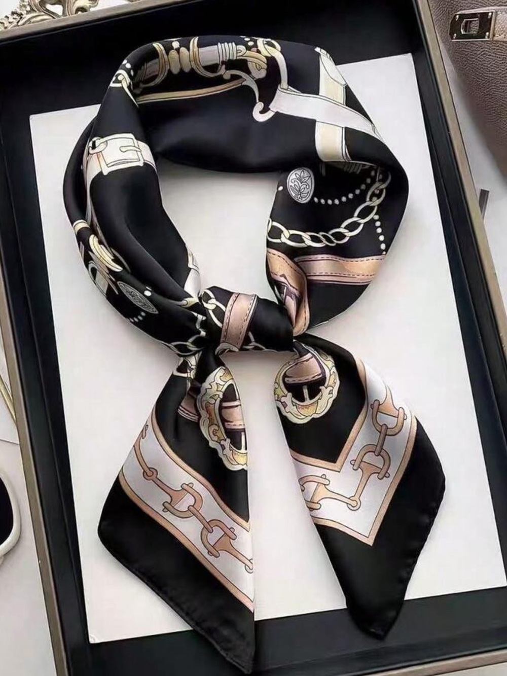 Black Chain-Print Satin Neck Scarf